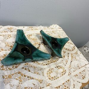 Pair of Blue Mountain Pottery MCM Candle Holders Green Drip Glaze